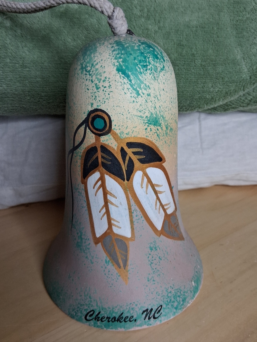 Cherokee North Carolina Hand-Painted Bell in Teal and White 7"